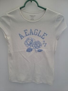 American Eagle White Ribbed Tank with Light Blue Graphic